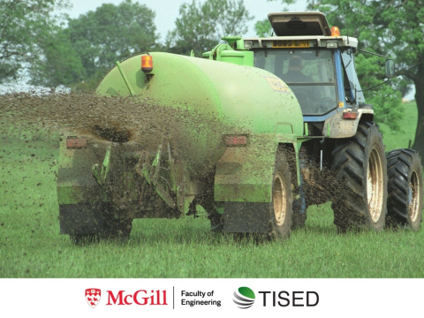 a tractor dispersing slurr in a field and the mcgill and tised logos