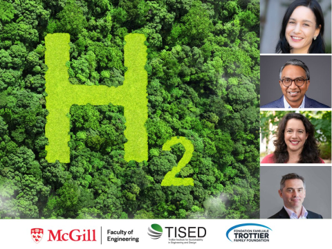 Prof. Sarah Jordaan , Sagar Kancharla, Julia Levin, and Dale Marshall with H2 in green forest and the tised, mcgill engineering and trottier family foundation logos