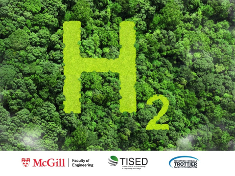 hydrogen 2 in light green in a dark forest with the mcgill, tised and trottier logos