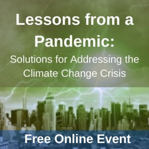 a city skyline with a green overlay and lightening and the words "lessons from a pandemic: Solutions for Addressing the Climate Change Crisis- free online event"
