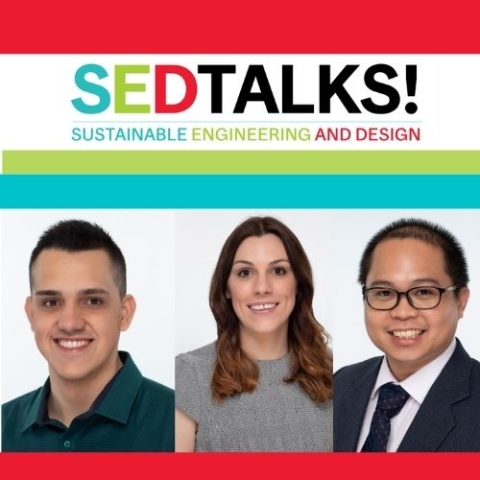 SEDTALKS logo with sustainability, engineering and design and a view of solar panel, a aircraft enginer, an a storm with lightening over the ocean. With profiles of pictures Breno Mumic Sequeira, Claire Gibson, and Christopher Ramos