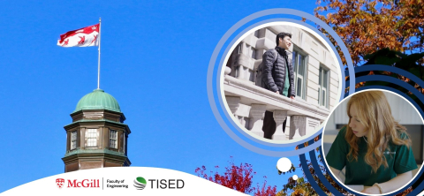 mcgill tower with flag and two circles with TISED students one female and one male and tised and mcgill logos