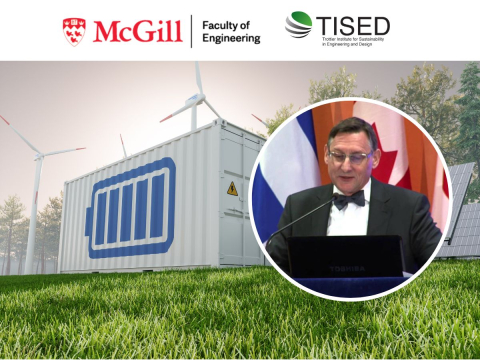 mcgill engineering and tised logo giant battery with windwills and geza joos