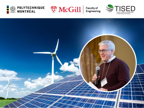 polytechnique, mcgill engineering and tised logo with renewable energy windmill and solar panels and jim nicell 