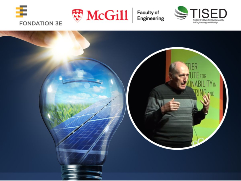 Fondation 3E, mcgill engineering and tised logos with lightbulb full of solar energy panels and a hand with lighted fingers touching it and dr vaclav smil