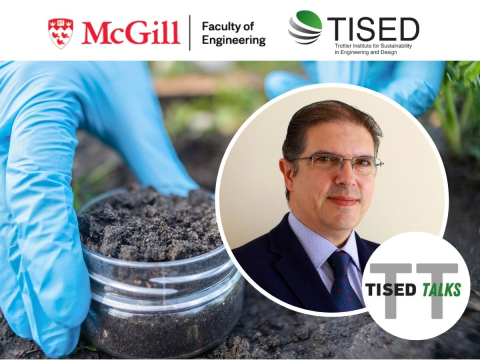 mcgil and tised logo and tisedtalk logo with blue gloves putting soil in glass jar and Jose Julio Ortega