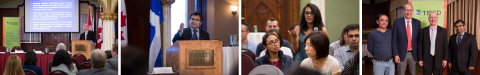 4 images- first Professor George R. Brown presenting in front of screen with his powerpoint, 2nd image: Subhasis Ghoshal at podium speaking, image 3: a female student in the crowd asking a question, image 4: image of Pedro J. Alvarez, George R. Brown, Subhasis Ghoshal 