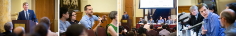 4 block image: first image- Joel Pederson at podium, image 2- a male member of the audience asking a question to the panel, image 3-  distant image of the event room view of podium and panel in front of the screen, image 4- robert tanguay answering a question 