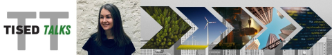 tisedtalk logo image of naomi keena background image of city in black and white with 5 arrows overtop with images within: trees, windmill, industry factory, city view, data on computer