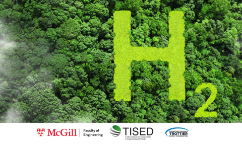 Hydrogène 2 en vert clair dans une forêt sombre, avec les logos de McGill, du TISED et de Trottier