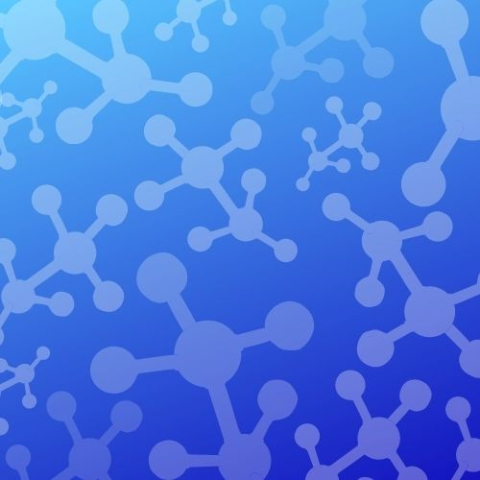 blue background with white water molecule floating 