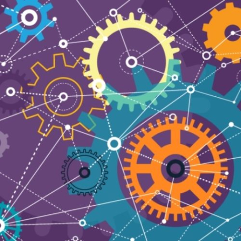 purple background with blue and yellow gears 