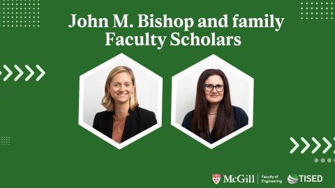 green backrgound with words faculty scholars. image of Prof. Stephanie Loeb and Prof. Codruta Ignea and mcgill and tised logo