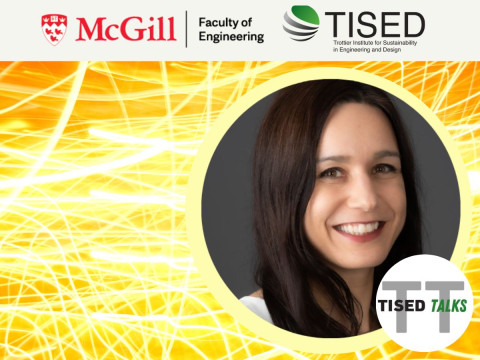 yellow streams representing electricity background with sarah jordaan and the mcgill engineering, tised and tisedtalk logos