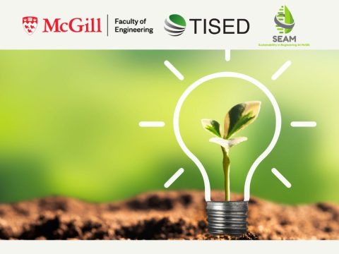 mcgill engineering, tised and seam logos with  green and soil with lightbulb sketch and leaf sprouting in the centre