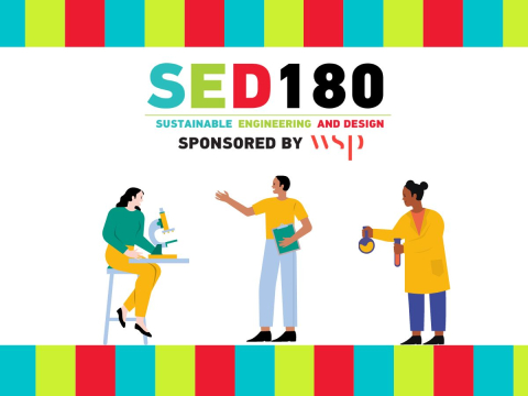 sed180 logo with sponsored by wsp, students cartoons looking through a microscope and chemical tubes and speeches, a cartoon of presentation and icon of certification and cash prize