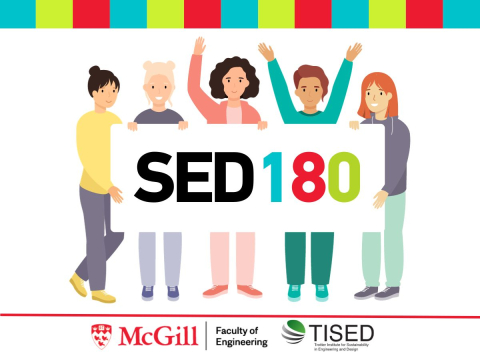 mcgill engineering, tised and SED180 logos with 5 students holding a sign that says SED180 