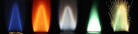 flames displayed from methane, iron, aluminum, boron/aluminum, zirconium