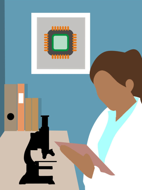 Coloured outline of a person at a microscope. Books and a frame is in the background.