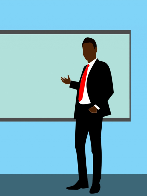 Coloured outline of a black teacher giving a presentation in front of a board