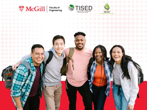 mcgill engineering, tised and seam logo with students male and female looking towards the camera 
