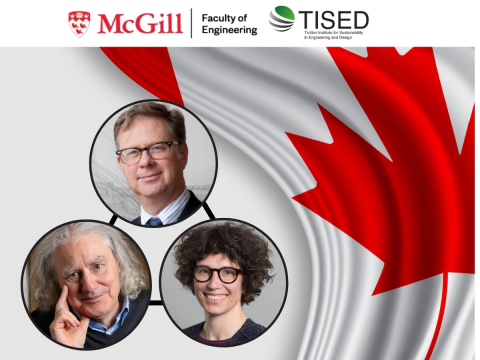 mcgill engineering and tised logo Dr. James Meadowcroft, Dr. Sara Hastings Simons and  Dr. Bruce Lourie and canadian flag drawn to one side