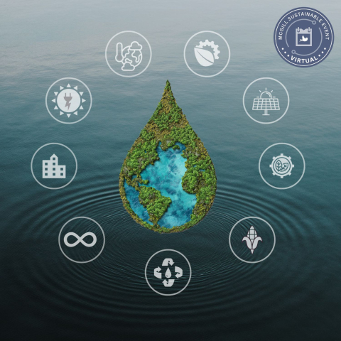 l'eau avec une goutte d'eau en forme de terre avec des icônes représentant la durabilité et le badge d'événement virtuel de la durabilité