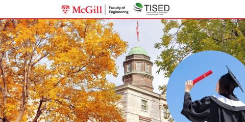 mcgill engineering and tised logo mcgill building and flag with fall coloured tree leaves and a bubble with a graduate student from behind holding a diploma