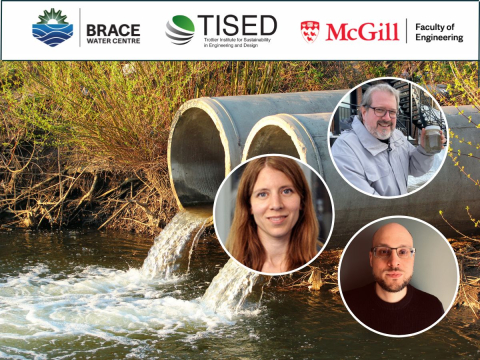 brace, tised and mcgill engineering logo with sewage water pumping out of drain and  Professor Sarah Dorner (Polytechnique Montréal), Associate Professor Dominic Frigon (McGill University) and Associate Professor Robert Delatolla (University of Ottawa) 