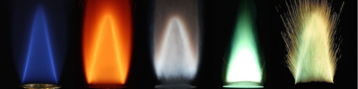 five different flames in different colours due to burning different minerals