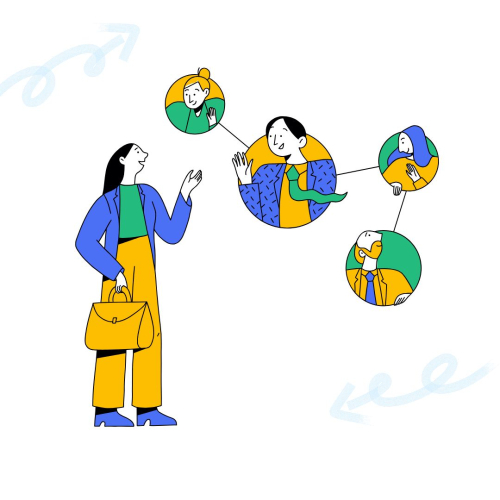 cartoon of a college student looking up into bubbles of male and female professionals waving at her