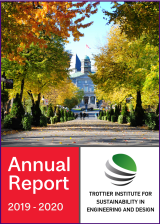 mcgill arts building path with trees along the street with annual report written 2029-2020 and the tISED llogo