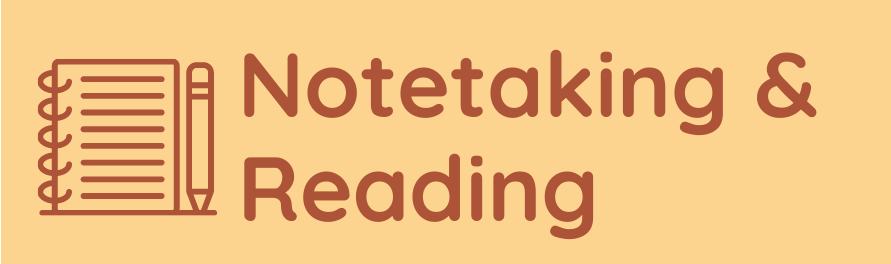An orange background with a notebook icon and text "notetaking and reading"