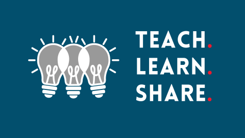 illustration of three overlapping lightbulbs with the text "Teach Learn Share" on a dark blue background