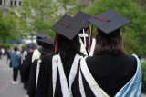 Students lined up in grad caps and gowns, shot from the back