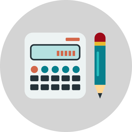 graphic icon with calculator and pencil inside a grey circle