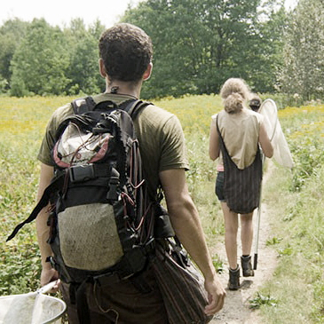 Students with collection nets in a field