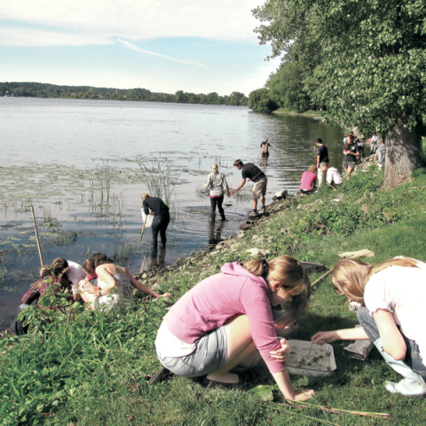 McGill students picking samples near Saint Lawrence River