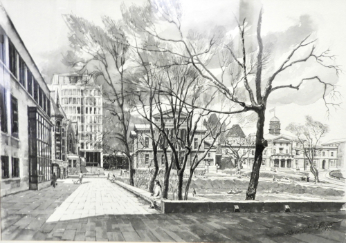 Gregory Popov. McGill (Campus from McLennan Library), 1975, Pen and Ink Wash on Paper, 44 x 64 cm.