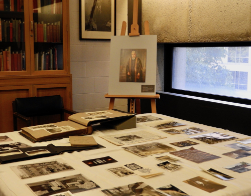 Partial view of the Lande Room during the event: table with archival material and reproduction of Edward Beatty portrait