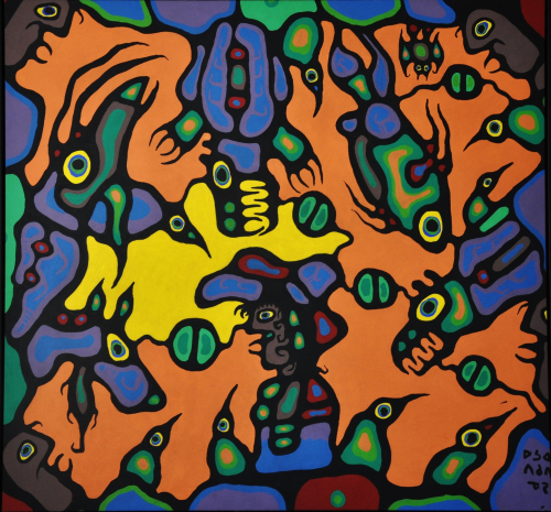 Norval Morrisseau, Shaman Surrounded by Ancestral Spirit Totem, 1977, huile sur toile. Don de la famille Charron. Tous les efforts ont été faits pour contacter les titulaires de droits d'auteur.