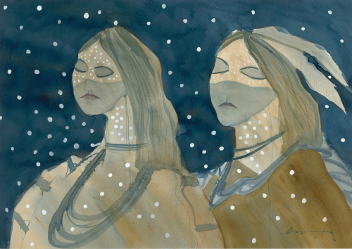 Leo Yerxa, Untitled (Young Couple Under the Snow), date inconnue, aquarelle. Don de Francine Pagé Charron. © Succession de l'artiste. Leo Yerxa, Untitled (Young Couple Under the Snow), date inconnue, aquarelle. Don de Francine Pagé Charron. © Succession de l'artiste.