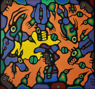  Norval Morrisseau, Shaman Surrounded by Ancestral Spirit Totem, 1977, oil on canvas. Gift of the Charron Family. All efforts have been made to contact copyright holders.