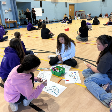 students on floor working on art