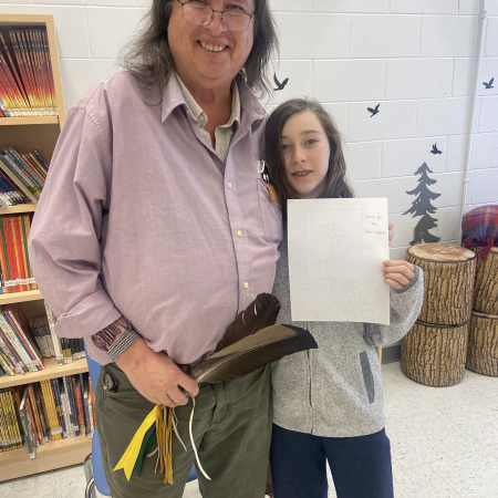 Facilitator holding feathers with student