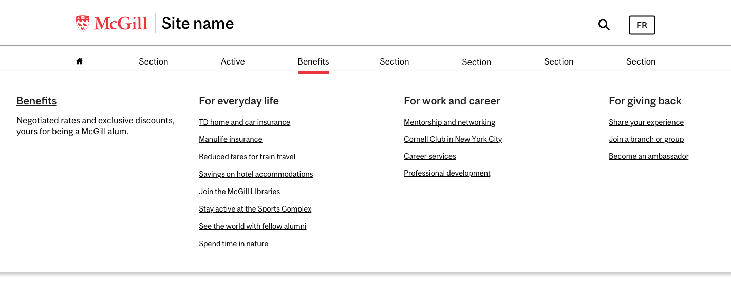 Screenshot of the “Benefits” mega menu showing a Benefits overview and categorized columns of links for everyday life, work and career, and giving back.