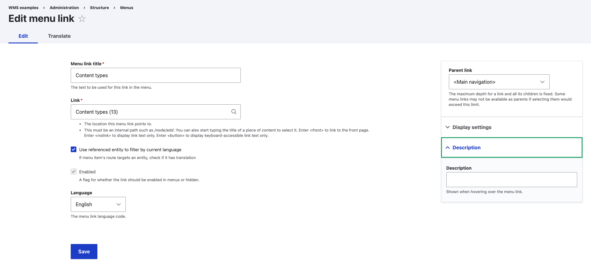 Screenshot of the WMS “Edit menu link” screen with the “Description” setting expanded and a text field available for entering a menu item description.