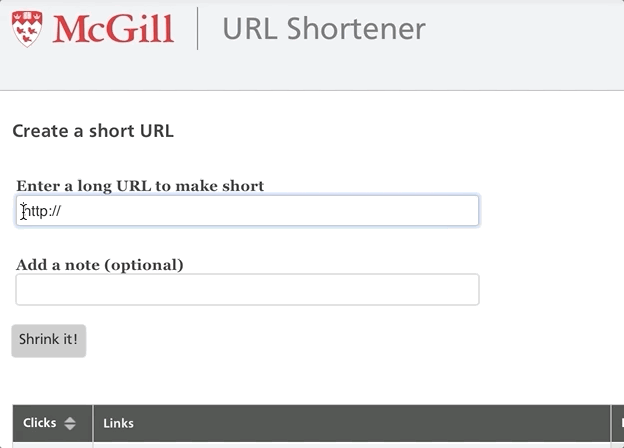 animated gif demonstration of creating a McGill short link with the URL Shortener