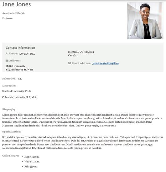 Example of a profile from a profiles page. Includes an image of the person, along with information such as contact information and a biography.