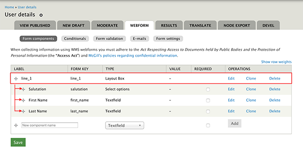 Screenshot of webform components: Layout box with nested components